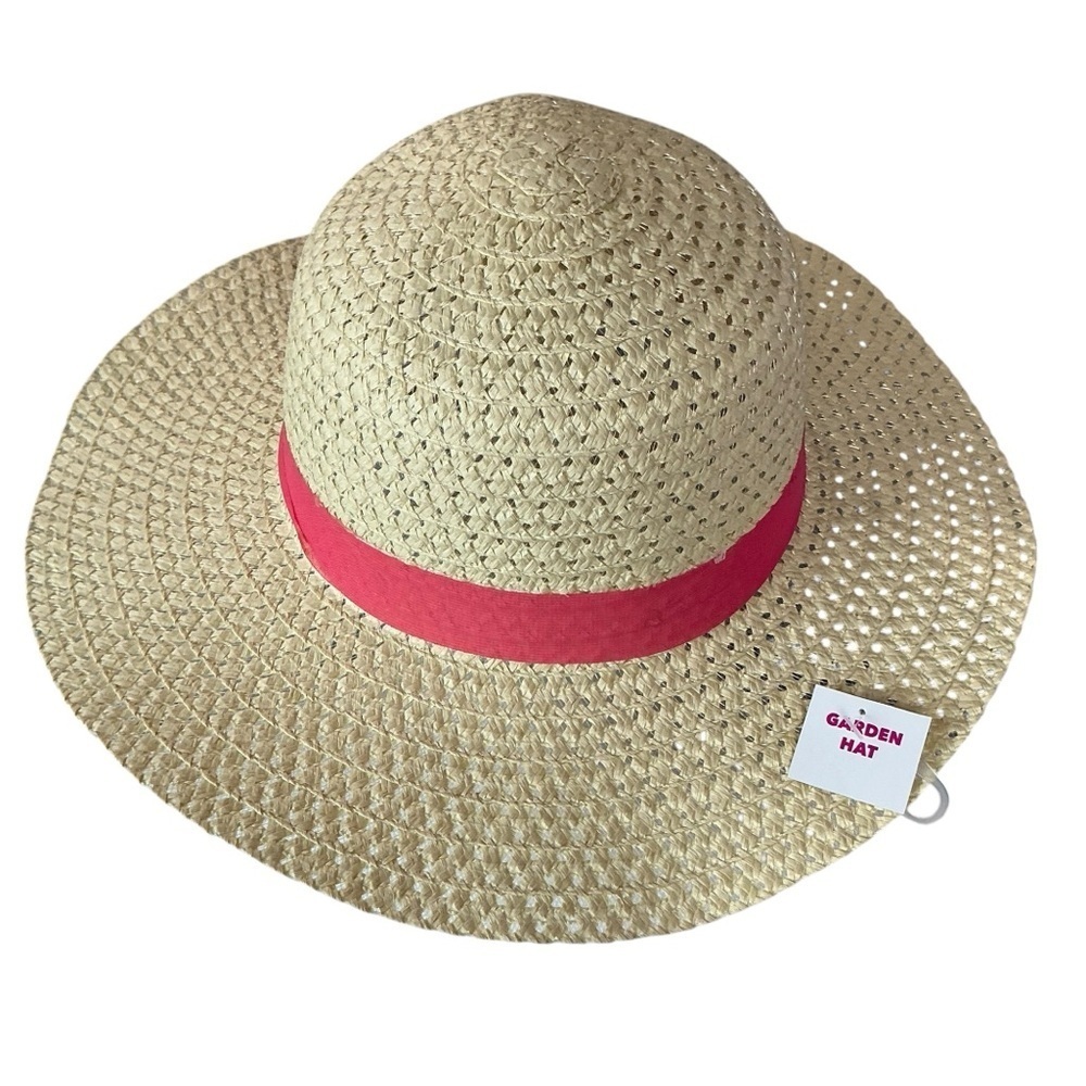 Straw Sun Beach Hat with Wide Brim Boho Chic Pink Coral Ribbon Bow Women OS - Picture 4 of 16